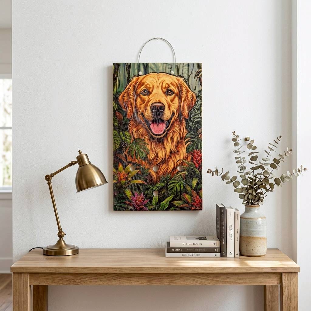 植物上板 黃金獵犬彩色叢林木板（雷雕 × UV直噴）客製化圖案 客製化植物 木板 掛飾 板植 牆上綠植